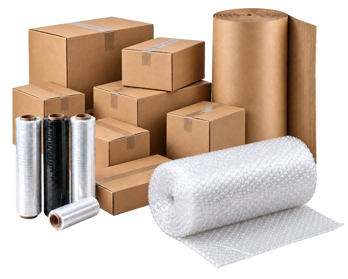 Corrugated carton boxes, kraft paper roll, air bubble rolls, single facer and stretch film from Exxo Packaging