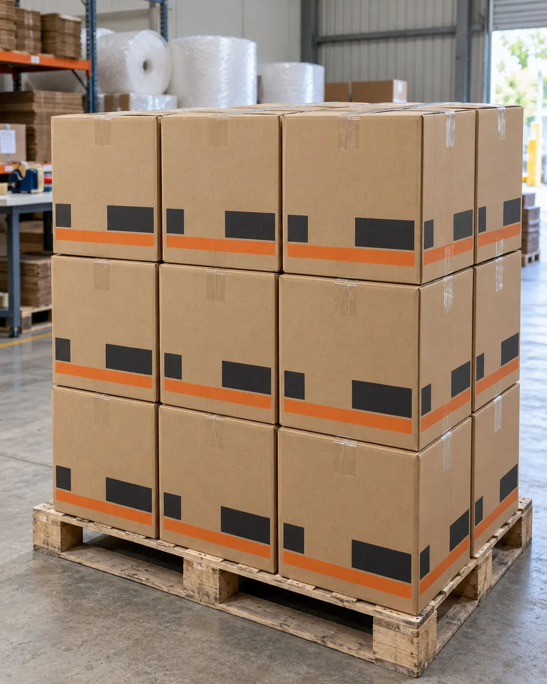 Pallet of RSC carton boxes with orange and black print