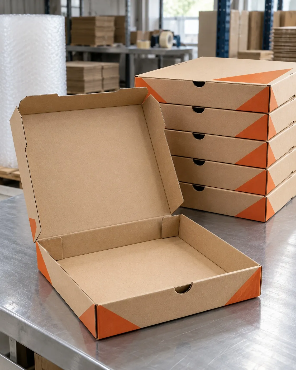 Die-cut kraft pizza boxes with orange corner print