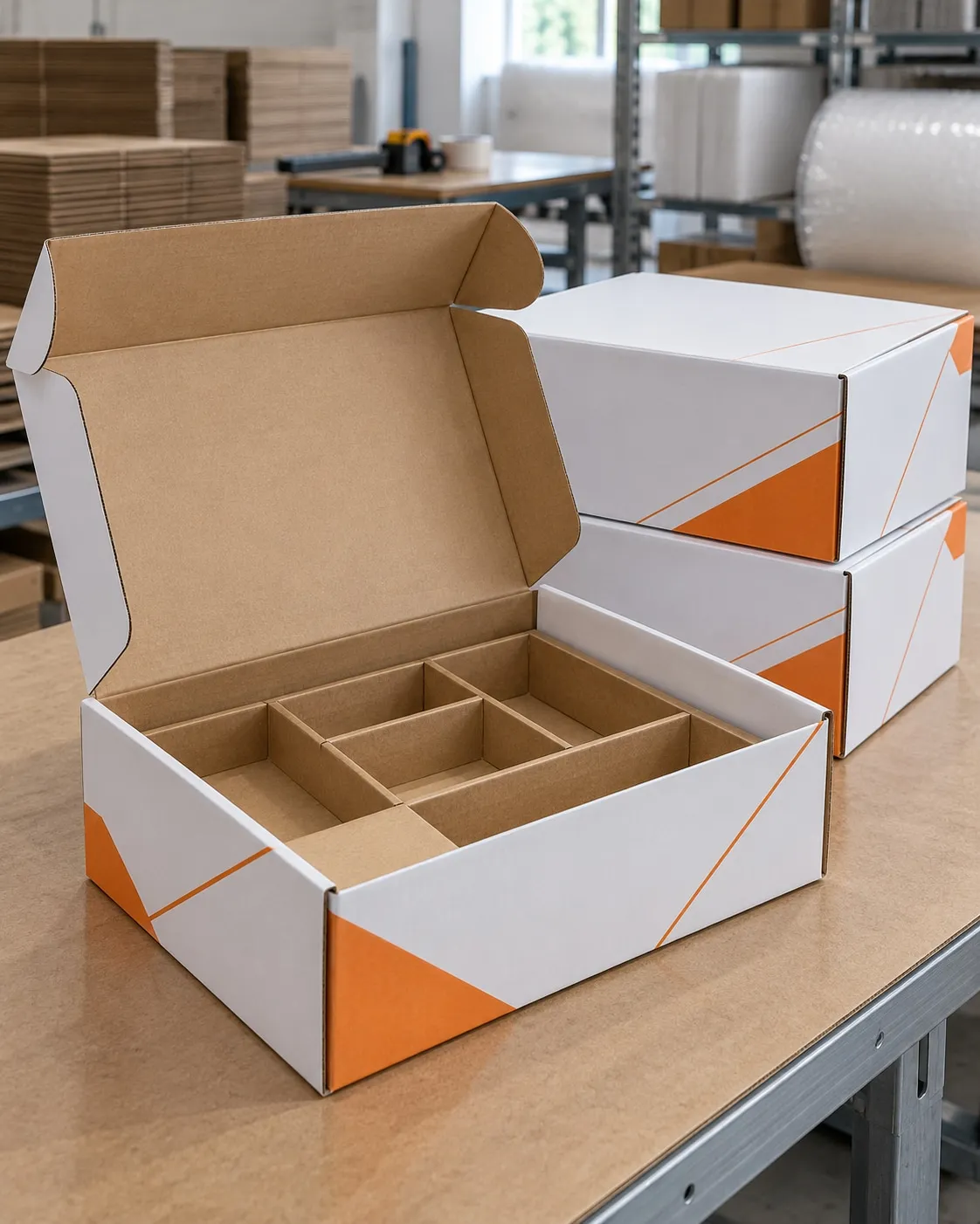 White printed mailer box with corrugated partitions