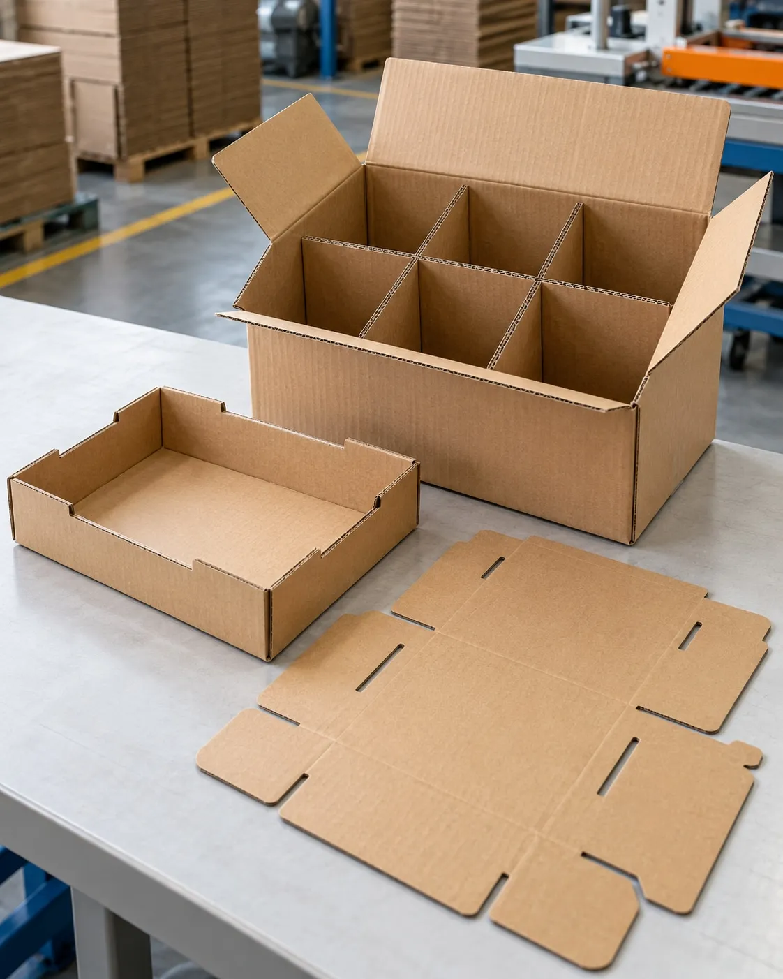 Corrugated box with dividers, a tray and a flat die-cut blank
