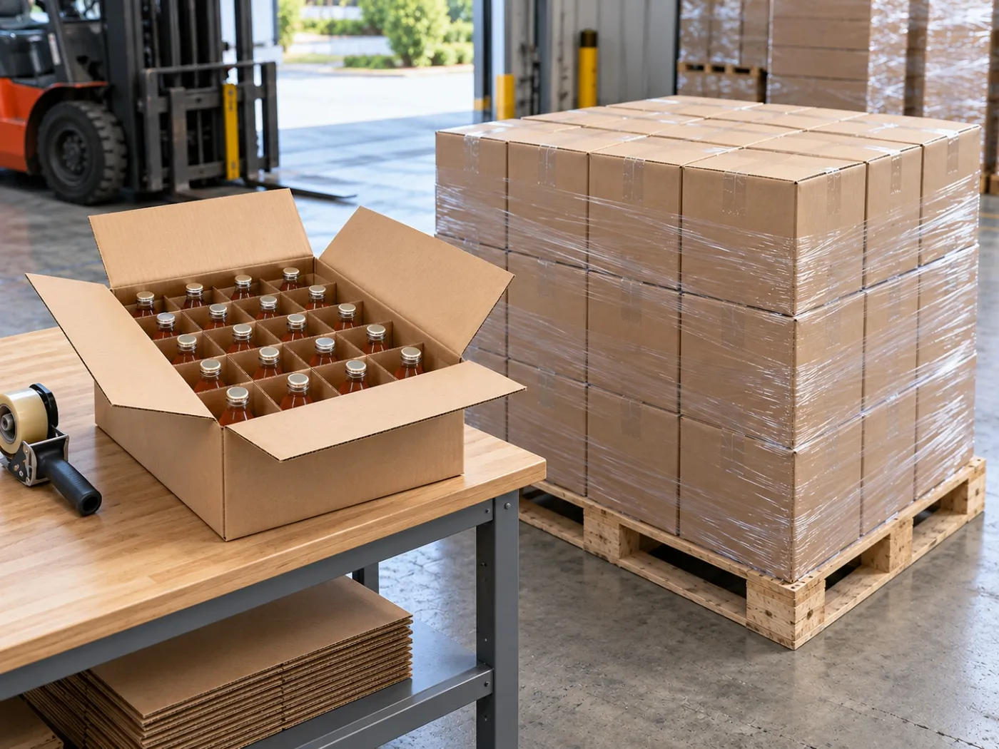 Carton of partitioned bottles on a packing table beside a stretch-wrapped pallet of cartons